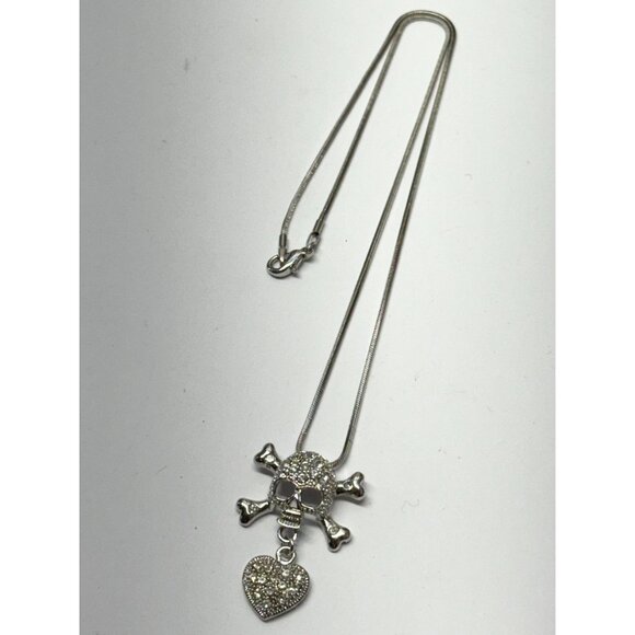 Vintage rhinestone skull and bone heart charm snake chain necklace - Picture 4 of 5